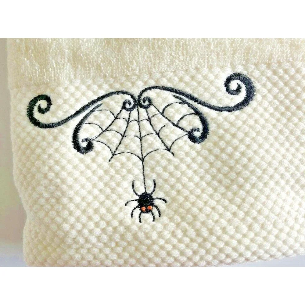 Casaba Happy Halloween Spider Web Hand Towels Embroidered Ivory Spooky Set Of 2